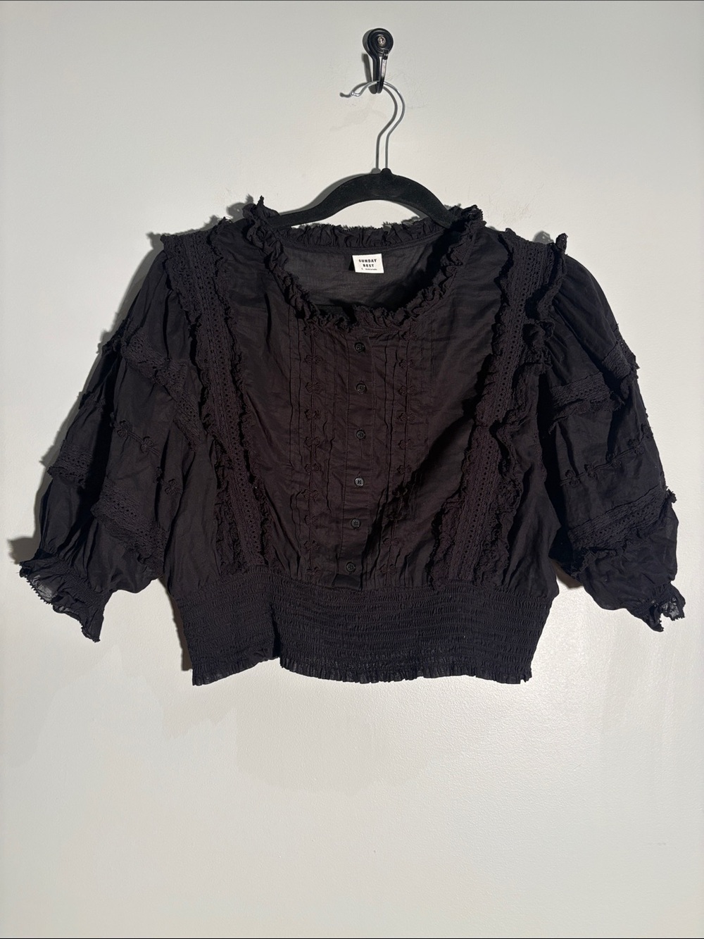 Sunday Best Black Lace Ruffle Puff Sleeve Blouse